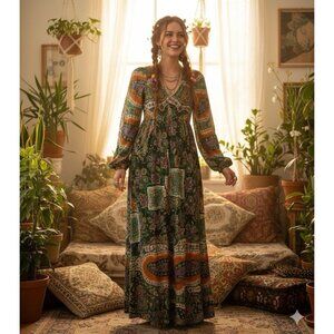 Denise L Vtg 70s Cotton Maxi Dress Paisley Floral Boho Sz 7/8 Puff Sleeve